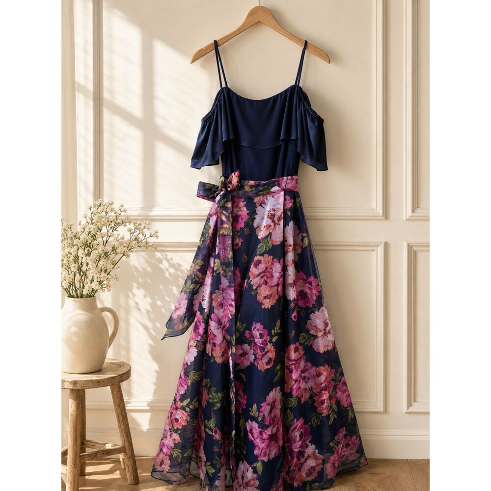 Eliza J Floral Cold Shoulder Maxi Dress Navy Pink Size 10 Formal Gown